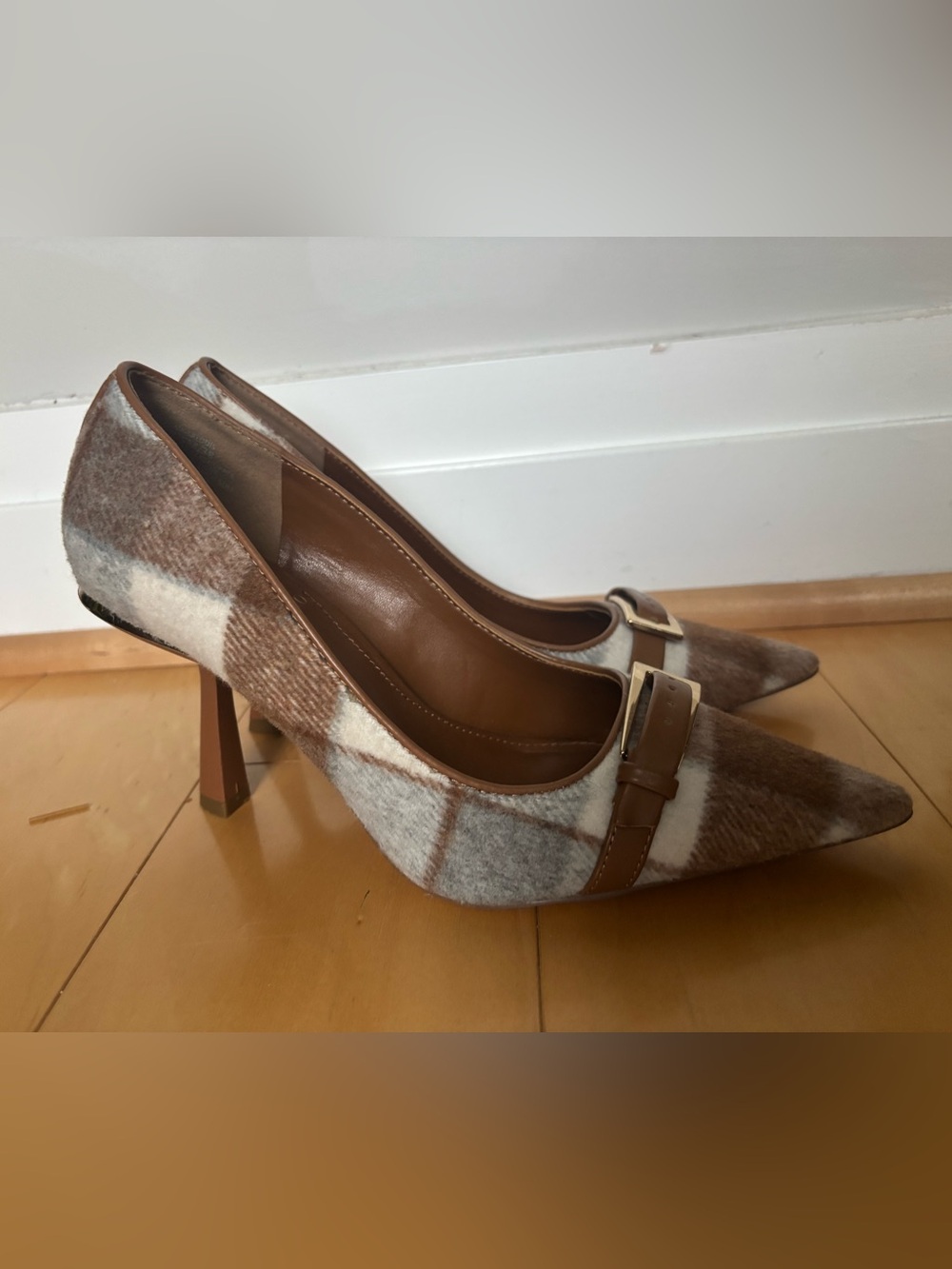 Vince Camuto Brown and Cream Plaid Pointed Toe Heels